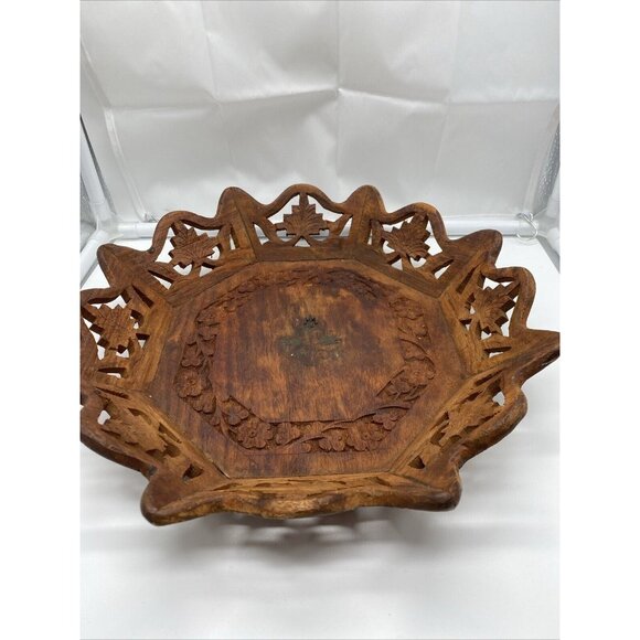 Vintage Octagonal Wood Serving 10.5" Tray Floral Center Hand Carved Artisan Boho - Picture 8 of 16